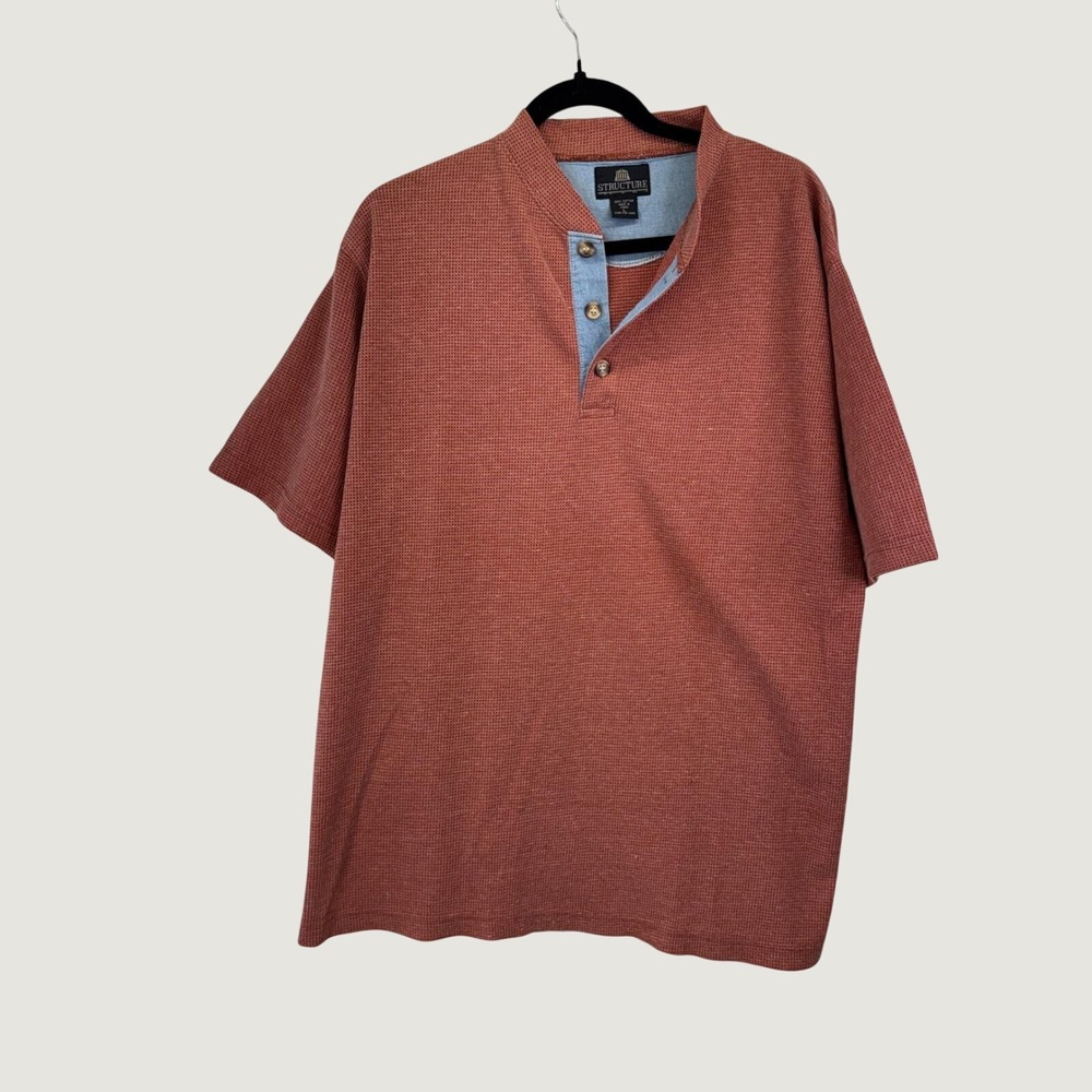 Structure Henley Shirt Large Terracotta Waffle Knit Cotton Vintage 90s Dadcore